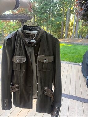 Military-Style Olive Green Button wool and leather Jacket by My Tribe size Large